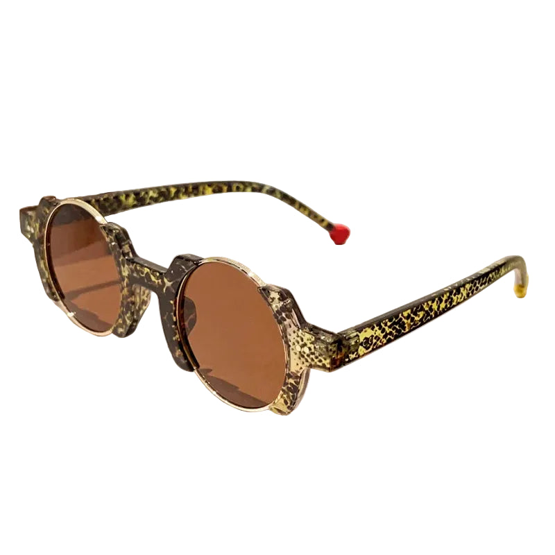 Round frame sunglasses with colorful bubble detail and blue tinted lenses, close up material view