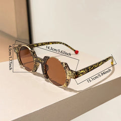 Round frame sunglasses with colorful bubble detail and blue tinted lenses, close up of material texture and frame design.