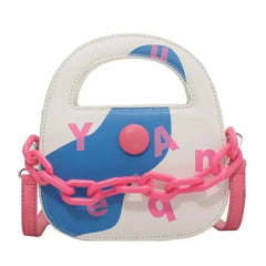 Round Handle With Chain Ornament Cute Bag - Beige-Blue