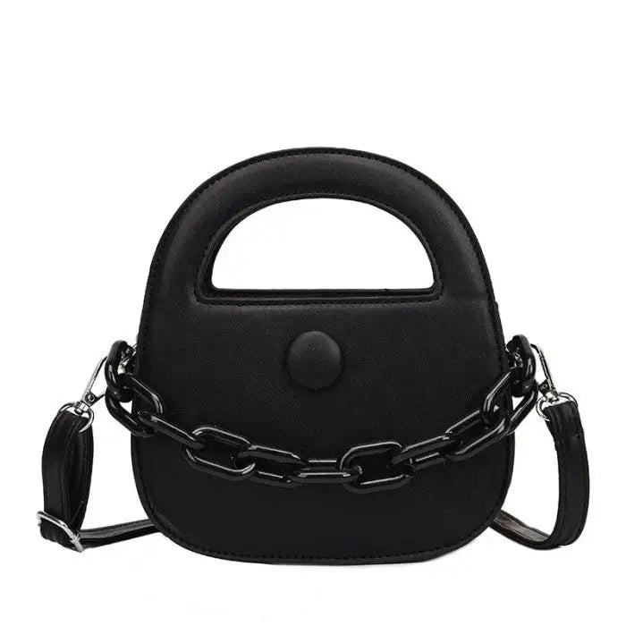 Round Handle With Chain Ornament Cute Bag - Black-Dark