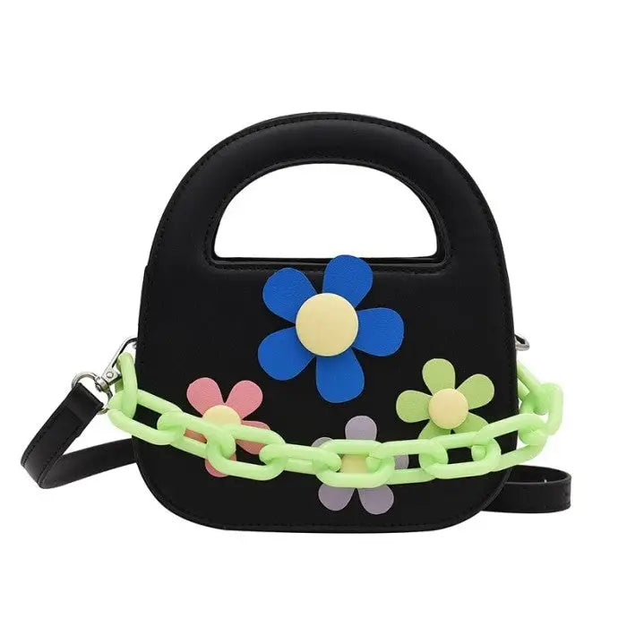 Round Handle With Chain Ornament Cute Bag - Black Flower