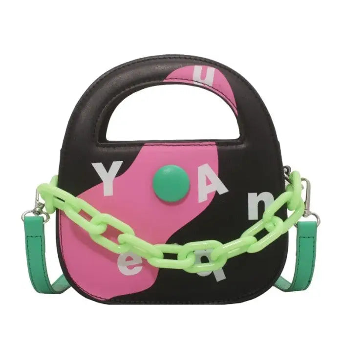 Round Handle With Chain Ornament Cute Bag - Black-Pink