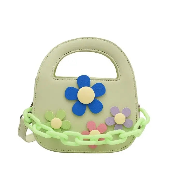 Round Handle With Chain Ornament Cute Bag - Green Flower