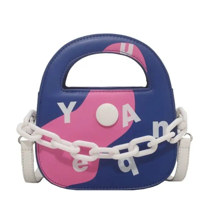 Round Handle With Chain Ornament Cute Bag - Klein Blue