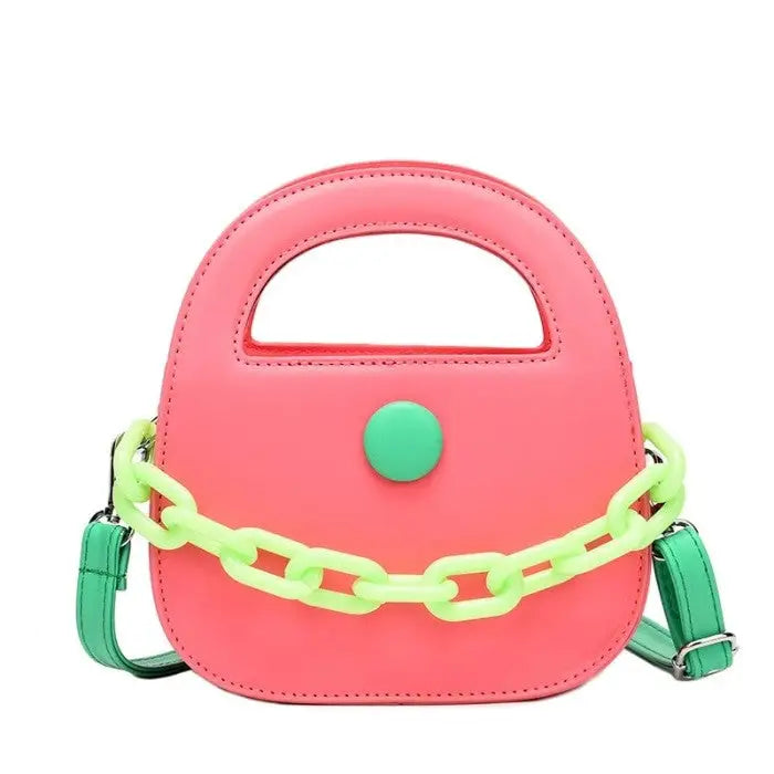 Round Handle With Chain Ornament Cute Bag - Pink / One Size
