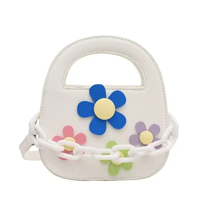 Round Handle With Chain Ornament Cute Bag - White Flower