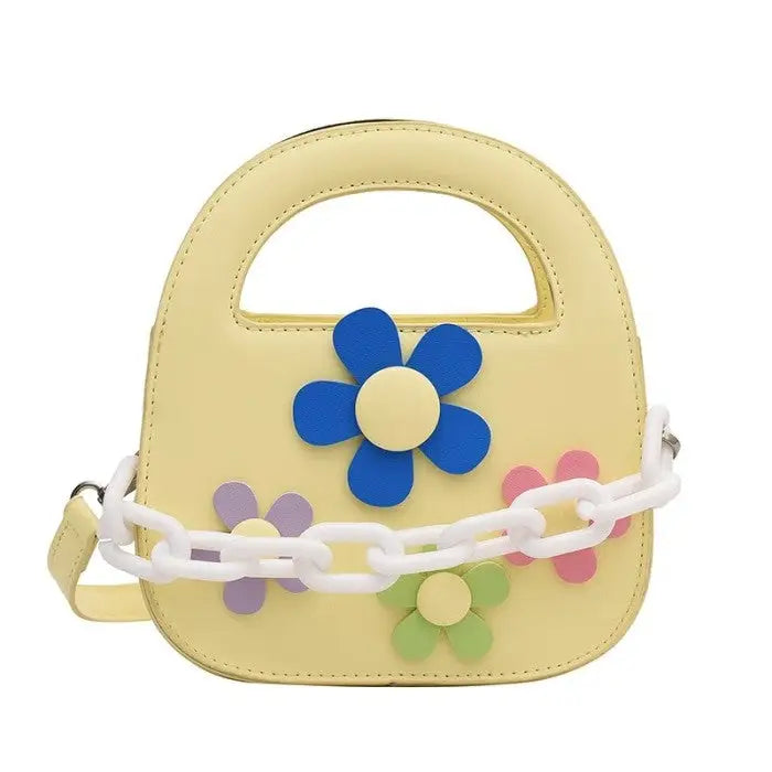 Round Handle With Chain Ornament Cute Bag - Yellow Flower