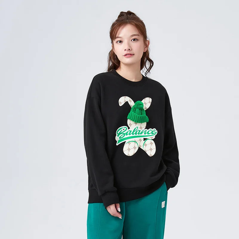 Round Neck Balance Rabbit Loose Sweatshirt Black / XS