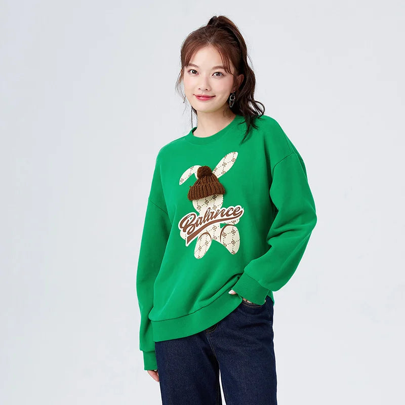 Round Neck Balance Rabbit Loose Sweatshirt Green / XS