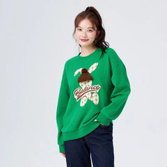 Round Neck Balance Rabbit Loose Sweatshirt Green / XS
