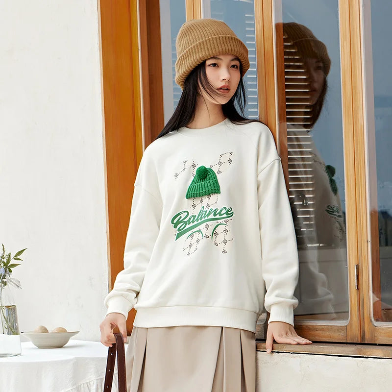 Round Neck Balance Rabbit Loose Sweatshirt White / XS