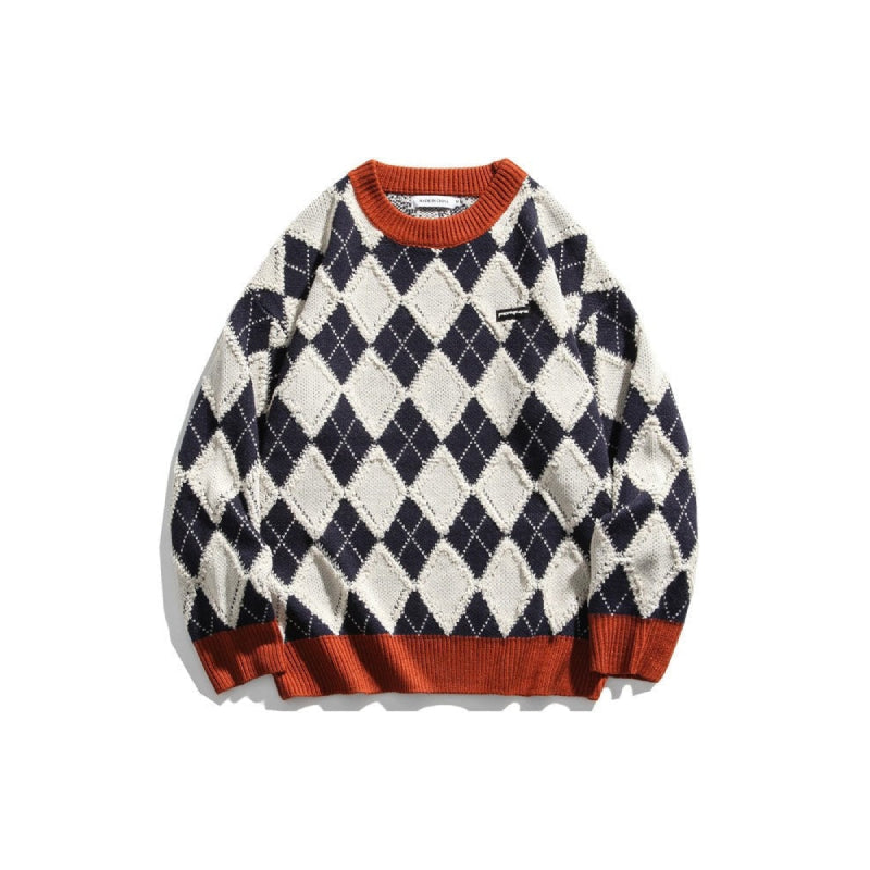 Round Neck Geometric Sweater - Sapphire / M