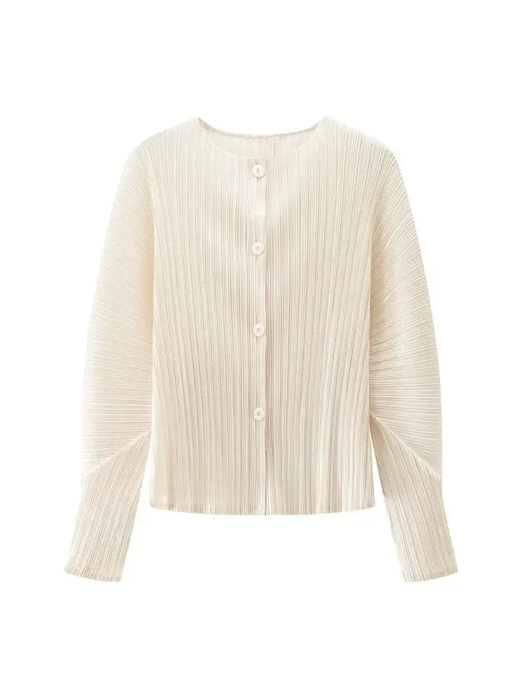 Round Neck Knit Long Sleeve Button Up Cardigan in cream color, featuring a stylish and comfortable design perfect for everyday fashion.