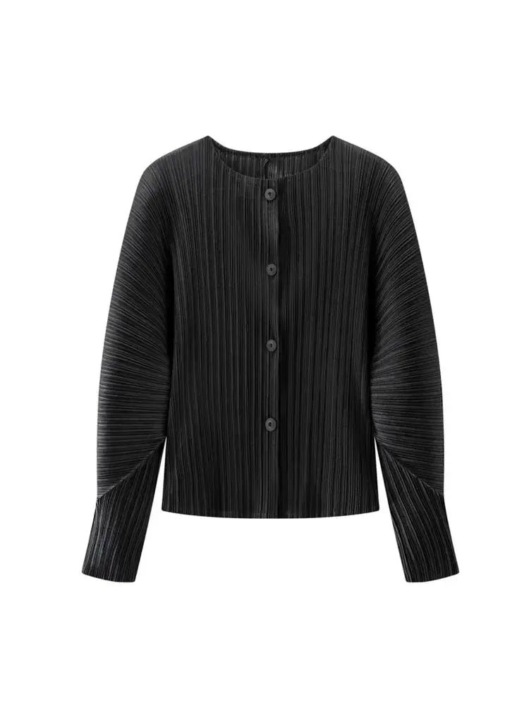 Round Neck Knit Long Sleeve Button Up Cardigan in black with sleek button-up design, perfect for stylish layering and bold fashion statements.