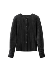 Round Neck Knit Long Sleeve Button Up Cardigan in black with sleek button-up design, perfect for stylish layering and bold fashion statements.
