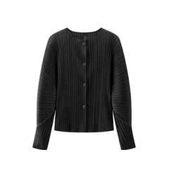 Round Neck Knit Long Sleeve Button Up Cardigan in black with button-up design and textured knit fabric.