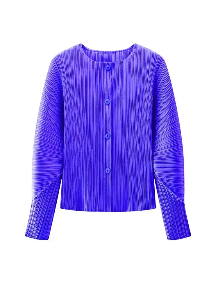 Bright blue Round Neck Knit Long Sleeve Button Up Cardigan with pleated design and buttons, perfect for layering and bold style.