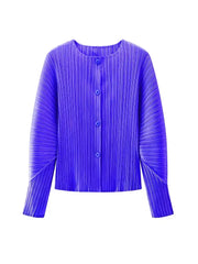 Bright blue Round Neck Knit Long Sleeve Button Up Cardigan with pleated design and buttons, perfect for layering and bold style.