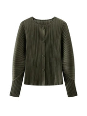 Round Neck Knit Long Sleeve Button Up Cardigan in green with a sleek button-up design for stylish layering or statement wear.