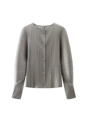 Gray Round Neck Knit Long Sleeve Button Up Cardigan with ribbed texture.