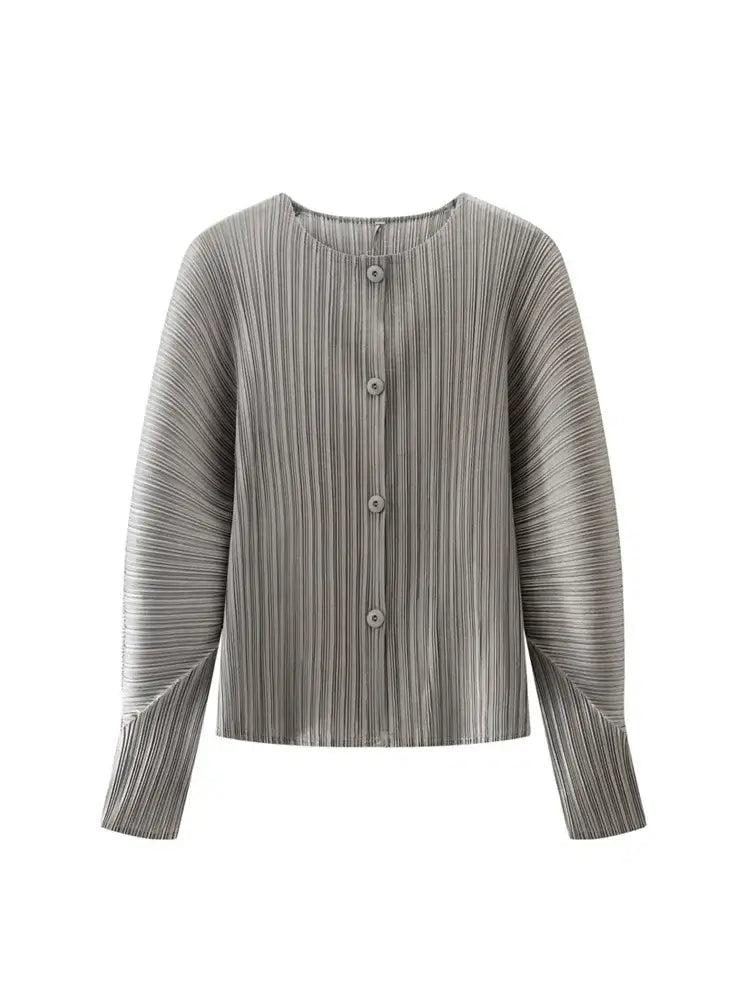 Gray Round Neck Knit Long Sleeve Button Up Cardigan with ribbed texture.