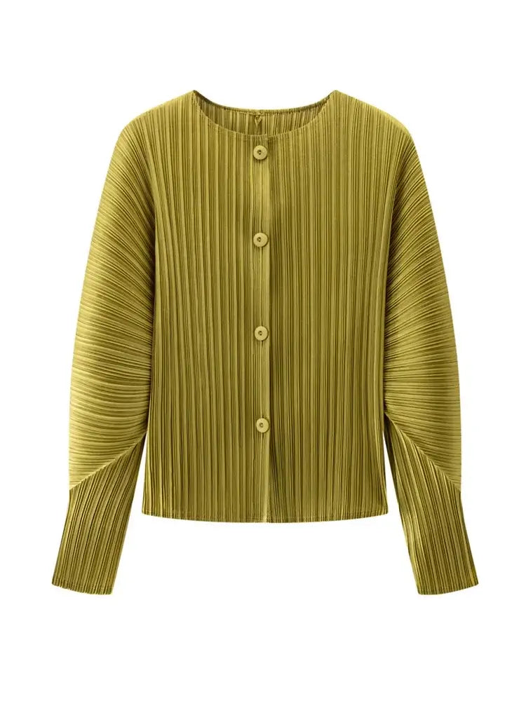 Round Neck Knit Long Sleeve Button Up Cardigan in olive green, showcasing pleated design and sleek button detailing.