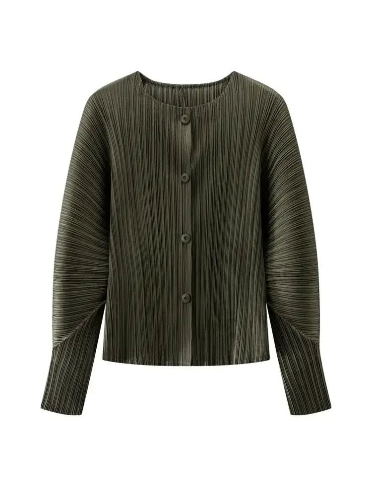 Round Neck Knit Long Sleeve Button Up Cardigan in green with a sleek button-up design for stylish layering or statement wear.