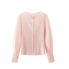 Round Neck Knit Long Sleeve Button Up Cardigan in pink with crew neck and button-up design
