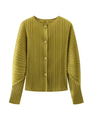 Round Neck Knit Long Sleeve Button Up Cardigan in olive green, showcasing pleated design and sleek button detailing.
