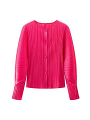 Round Neck Knit Long Sleeve Button Up Cardigan in vibrant pink, featuring a stylish button-up front with textured ribbed detailing.