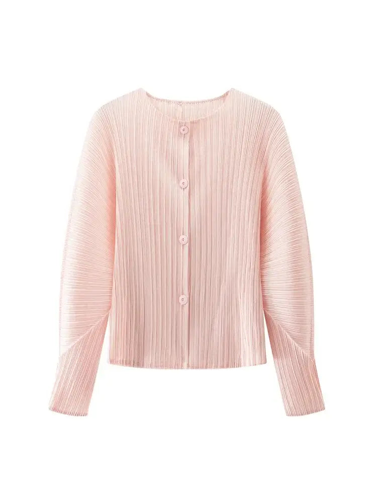 Round Neck Knit Long Sleeve Button Up Cardigan in light pink fabric with button detailing