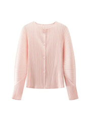 Round Neck Knit Long Sleeve Button Up Cardigan in light pink fabric with button detailing