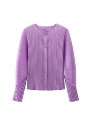 Round Neck Knit Long Sleeve Button Up Cardigan in purple color, featuring button-up design and ribbed texture for stylish layering.