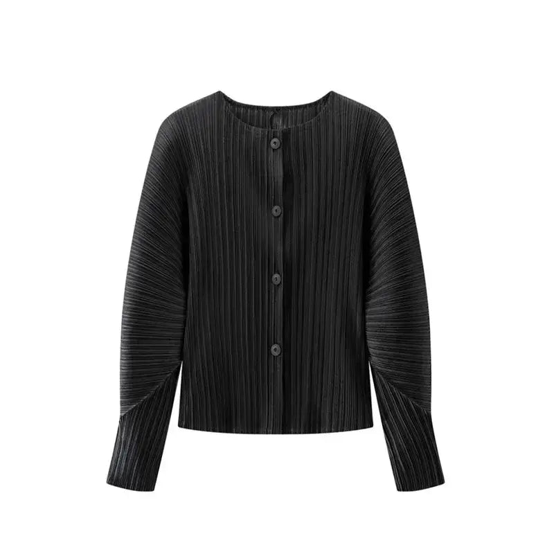 Round Neck Knit Long Sleeve Button Up Cardigan in black with button-up design and textured knit fabric.