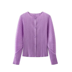 Round Neck Knit Long Sleeve Button Up Cardigan in purple, front view