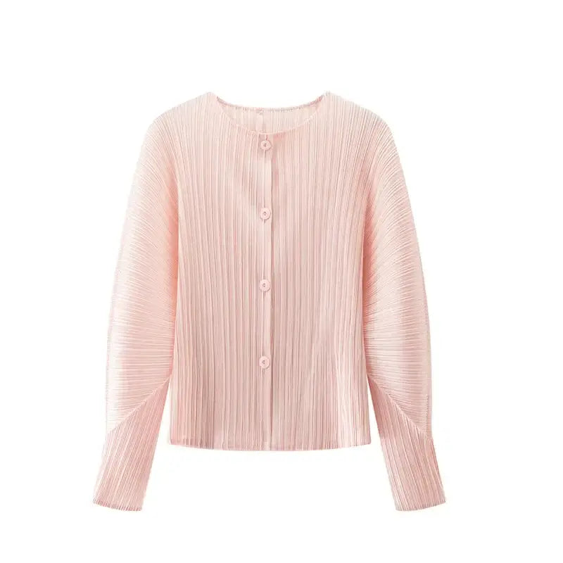 Round Neck Knit Long Sleeve Button Up Cardigan in pink with crew neck and button-up design