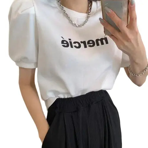 Round Neck Letter Print Lantern Sleeve Blouse