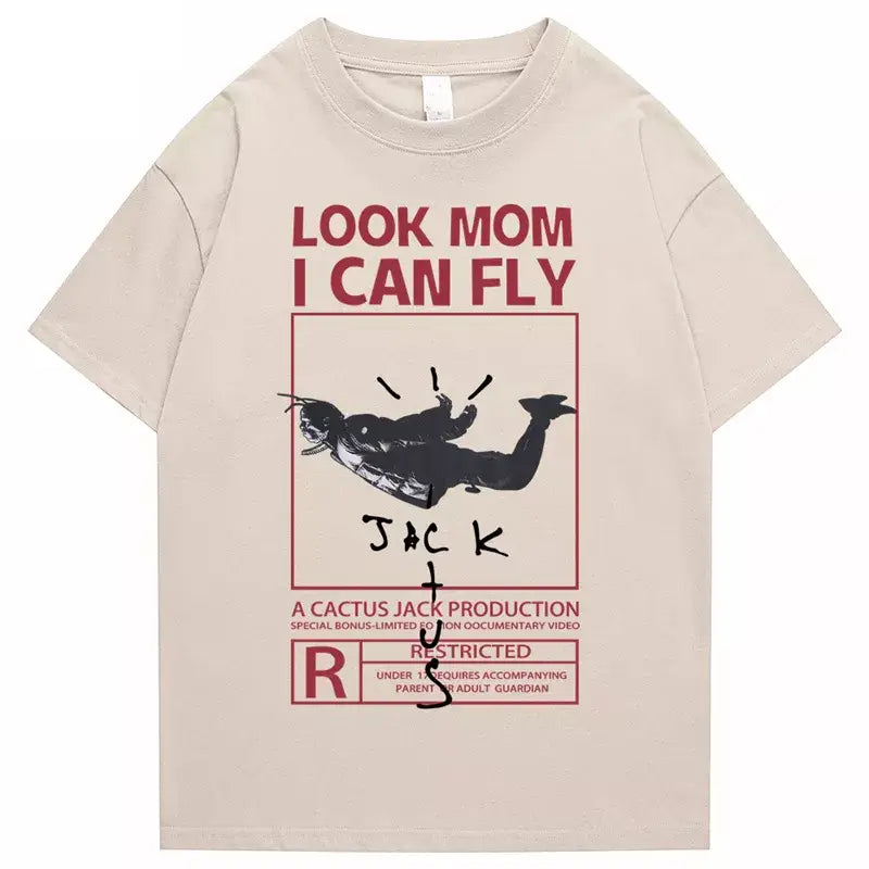 Round Neck Look Mom I Can Fly Print T Shirts - Beige / S