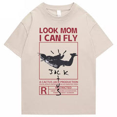 Round Neck Look Mom I Can Fly Print T Shirts