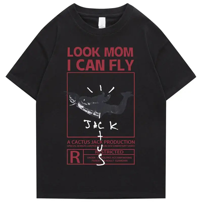 Round Neck Look Mom I Can Fly Print T Shirts - Black / S