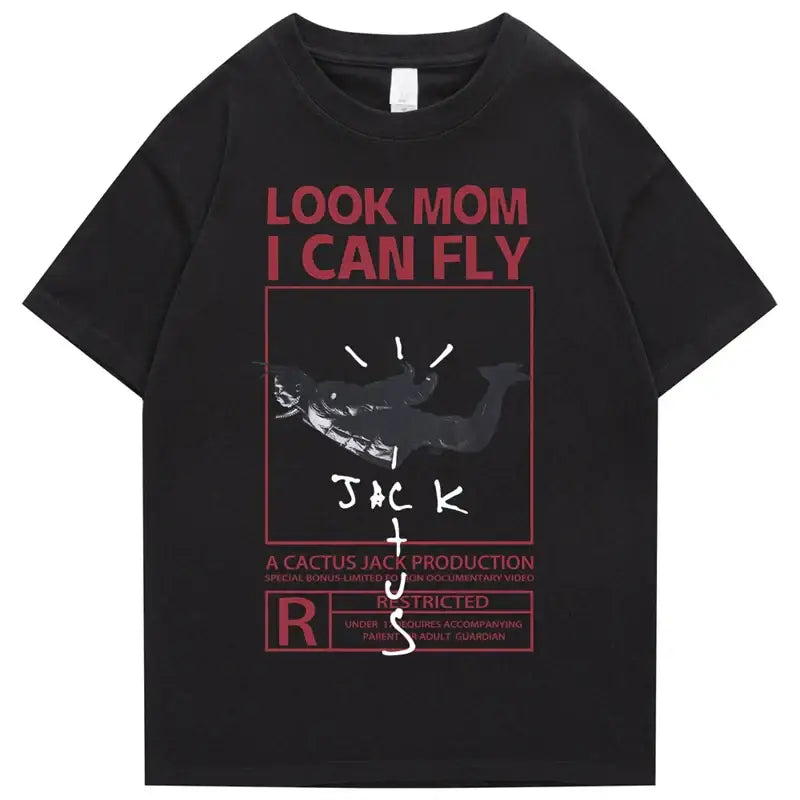 Round Neck Look Mom I Can Fly Print T Shirts