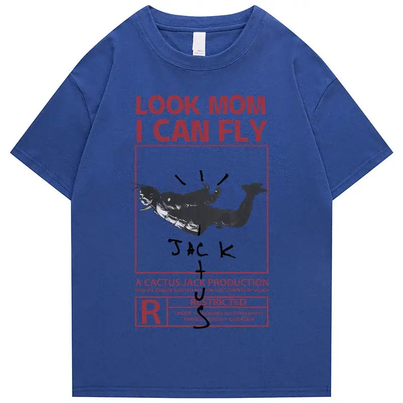 Round Neck Look Mom I Can Fly Print T Shirts - Blue Black