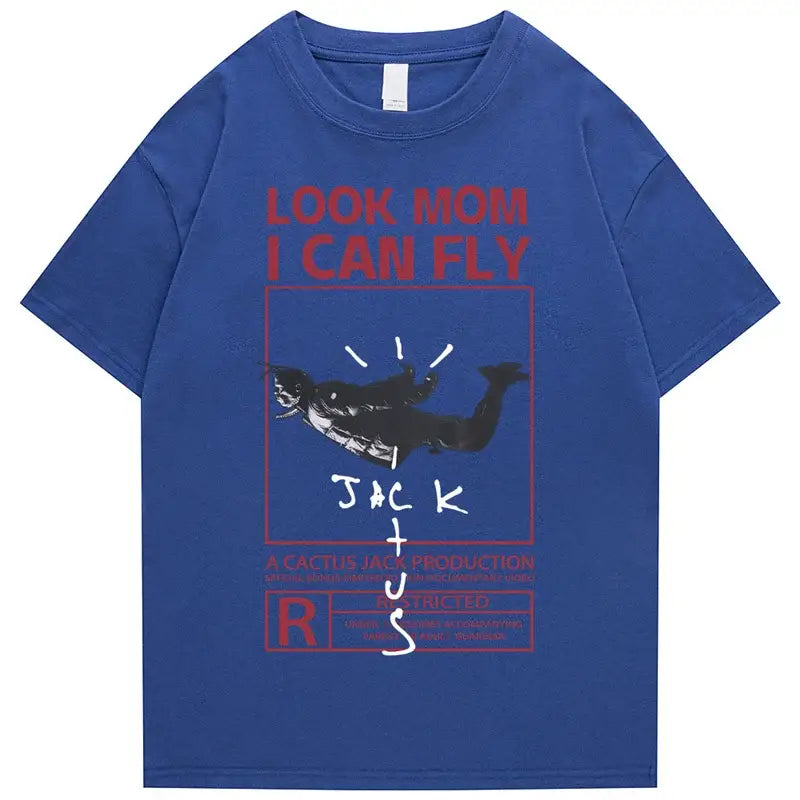 Round Neck Look Mom I Can Fly Print T Shirts - Blue White