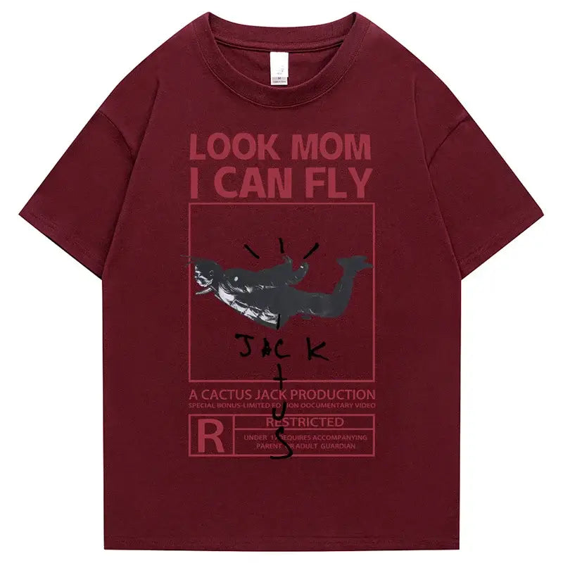 Round Neck Look Mom I Can Fly Print T Shirts - Dark Red / S