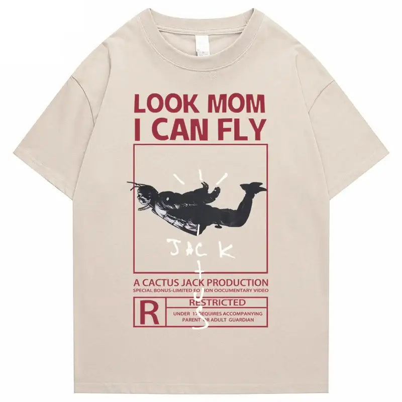 Round Neck Look Mom I Can Fly Print T Shirts - Khaki / S