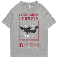 Round Neck Look Mom I Can Fly Print T Shirts - Light Gray