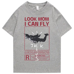 Round Neck Look Mom I Can Fly Print T Shirts