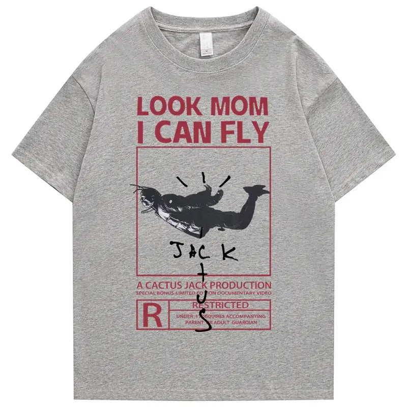 Round Neck Look Mom I Can Fly Print T Shirts - Light Grey
