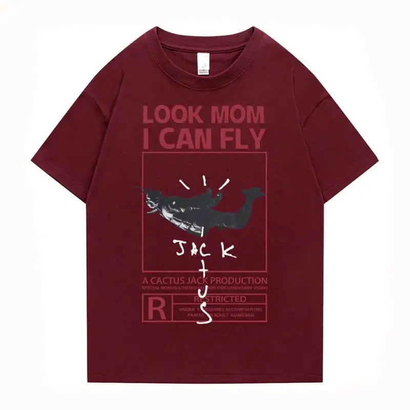 Round Neck Look Mom I Can Fly Print T Shirts - Red / S