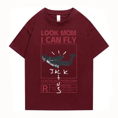 Round Neck Look Mom I Can Fly Print T Shirts - Red / S